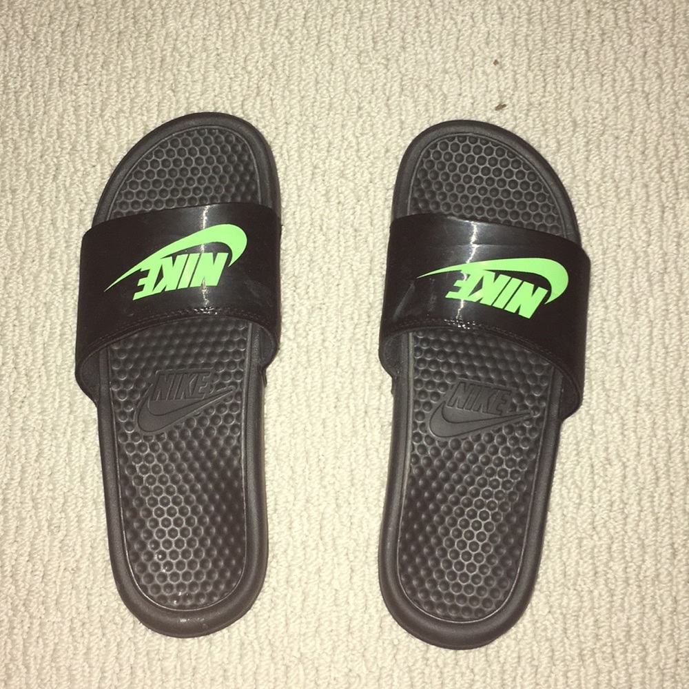 Black Nike Slides with Neon Green Nike Logo